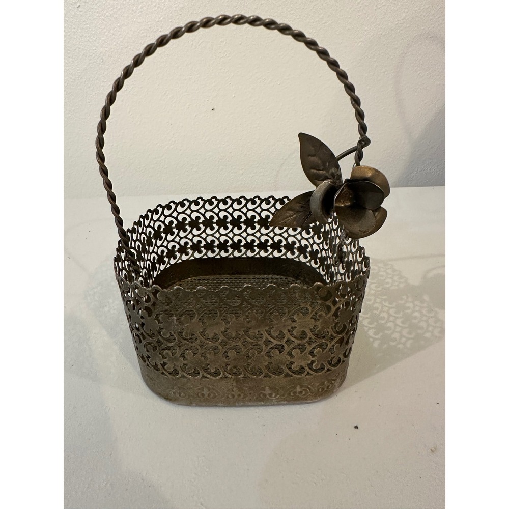 Vintage Metal Filigree Basket Floral Accent Twisted Handle Bronze Tone 4x4